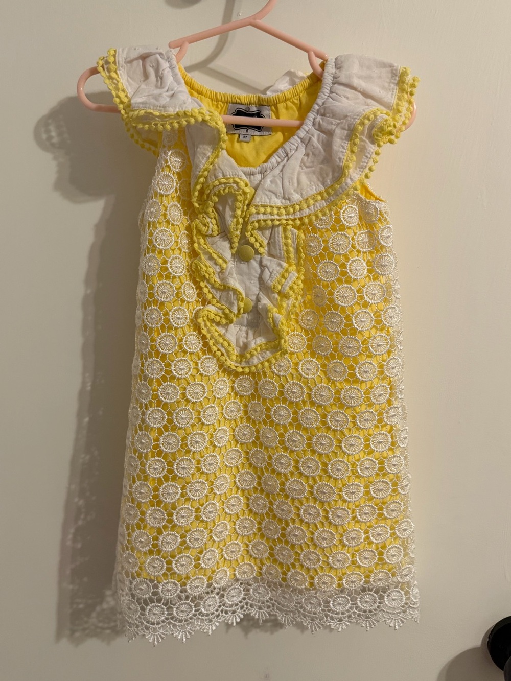 Mud Pie Yellow and White Lace Pom-Pom Dress